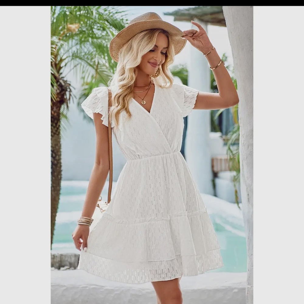 White Tiered Wrap Mini Dress with Flutter Sleeves